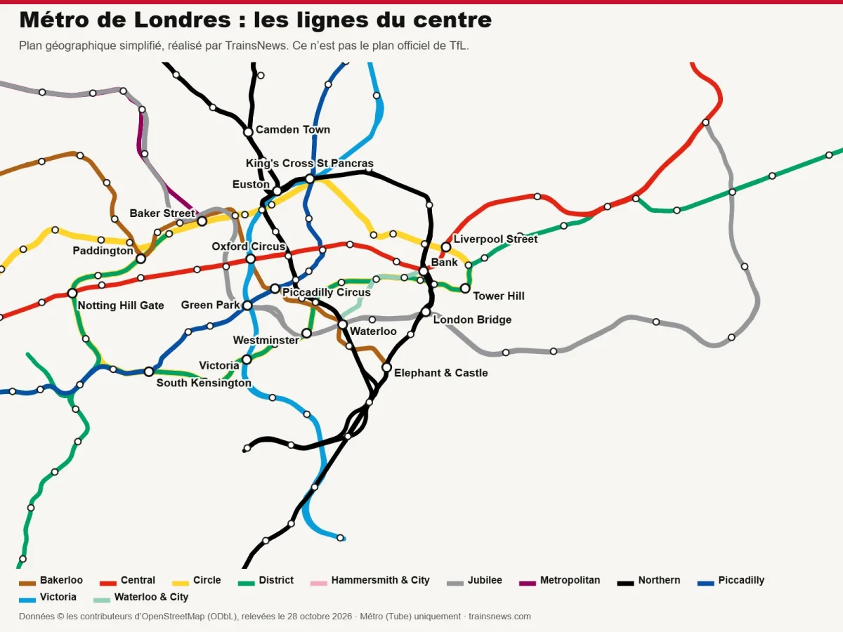 Plan géographique simplifié des lignes du métro de Londres dans le centre : Bakerloo, Central, Circle, District, Jubilee, Northern, Piccadilly, Victoria et les grandes stations